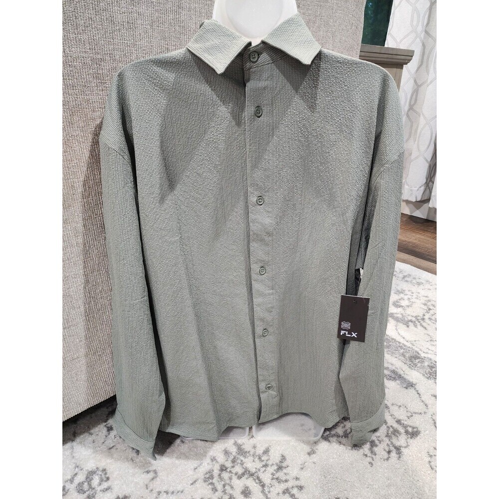 FLX Shirt Mens Olive Green Long Sleeve Button Down Performance Size S Small